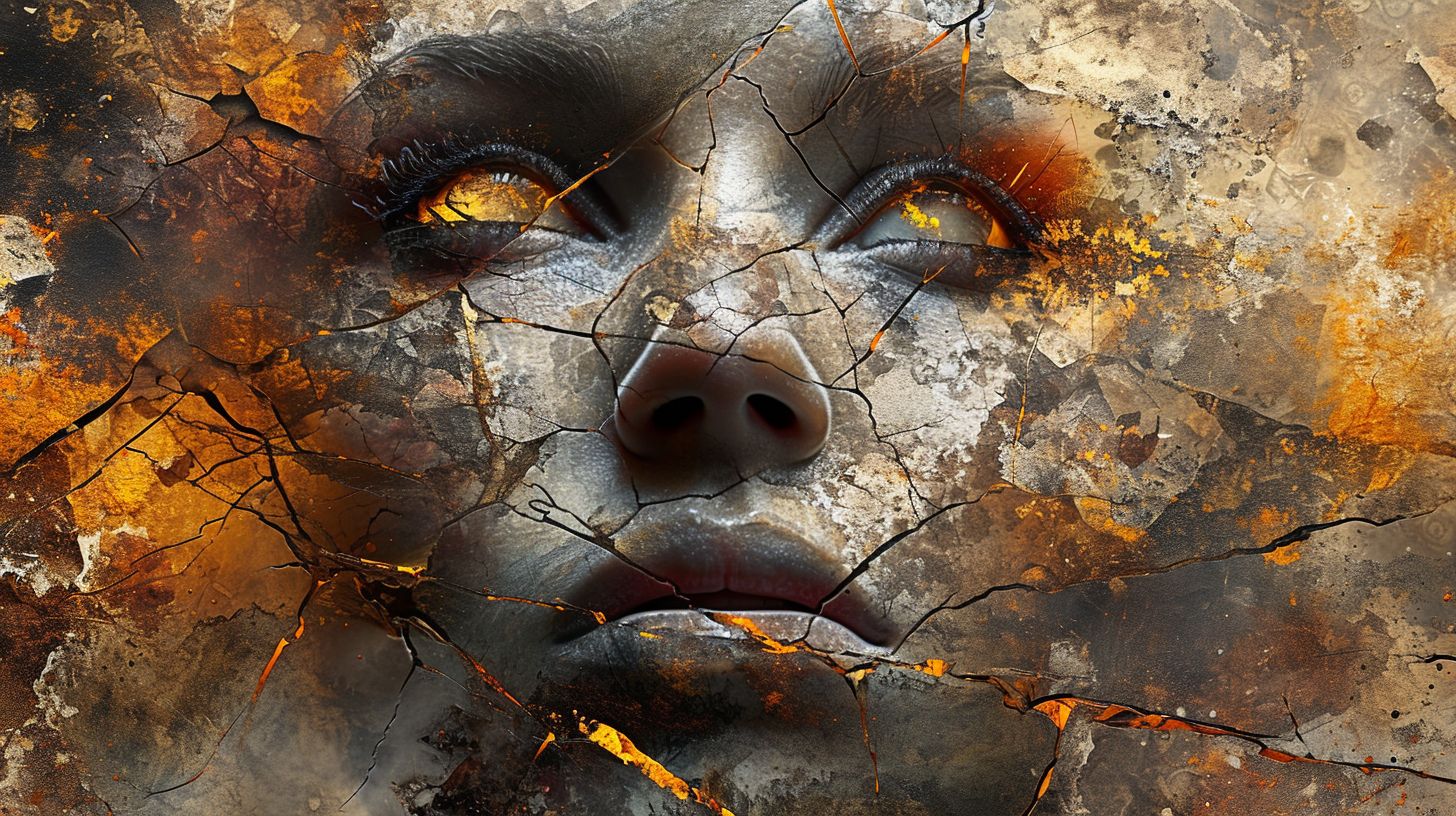 Prompt: Wide photo of a face with geometric fragmentation, appearing like a cracked statue. Earthy colors combine with metallic shades, and there's a hint of smoke and particles surrounding it. The detailed eyes are the most captivating feature amidst the disorderly splits.