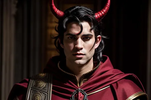 Prompt: Male, Race is tiefling, Photorealistic Overdetailed Portrait, Well Detailed face, Red and Black Robes and Armor, Black hair, Red Skin, horns, Detailed Hands, Detailed Twilight Background, Intricately Detailed, Award Winning, Photograph, Film Quality.