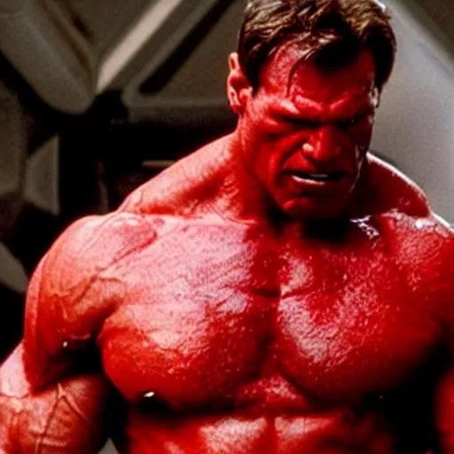 Prompt: Harrison Ford as the red hulk movie still, muscular, red skin