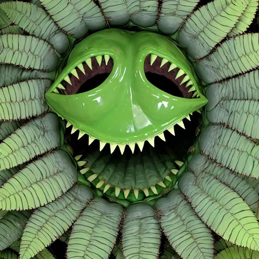 Prompt: GIANT GREEN Plant that has a HUGE  trap as a mouth and inside the mouth with a blue tounge; With multuple Sharp teeth; vines and leaves in the air, NO EYES, little shop of horrors