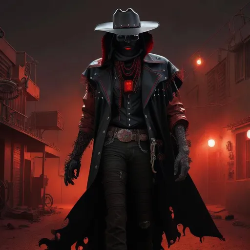 Prompt: Cyber Cowboy with 4 Arms, fiery red Poncho, Dressed in black duster and Stetson Cowboy Hat, with Red Sunglasses, Haunting Presence, Intricately Detailed, Hyperdetailed, Desert Wild West Landscape, Dusty Midnight Lighting, Wild West Feel