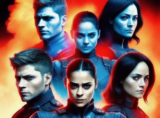 Prompt: Great heroes, their faces are not known, but they save the world everyday, but also kill many people. Work with blue and red, add smoke and explosions and make it epic. Add Jensen Ackles, Zazie Beetz, Shah Rukh Khan, Pom Klementieff and Rhea Ripley