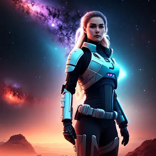 Prompt: create photograph of beautiful fictional female elite space soldier who is from future , extremely, wide angle, detailed environment, detailed background, planets an nebulae in sky highly detailed, intricate, detailed skin, natural colors , professionally color graded, photorealism, 8k, moody lighting

