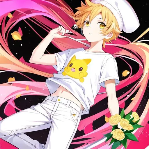 Prompt: renjun, anime art full body character concept art, pop art, perfect hand, perfect finger, sanrio, fantasy, perfect art, best quality, CG, wallpaper,perfect hand, lolita anime,anime key visual of handsome highschool boy in white T-shirt wear a yellow beannie and long pant with a anime face, 
holding a bouquet of yellow roses, finely detailed gorgeous face, perfect face delicate features directed gaze, large brown eyes, smile, fox ear and tail, blue Undercut  hair , anime, trending on pixiv fanbox, studio ghibli, extremely high quality artwork, genshin impact,demon slayer,(NCT FANART, NCT DREAM FANART,  NCT127 FANART, NCT U FANART, renjun FANART),akira_33_, Artgerm,sanrio