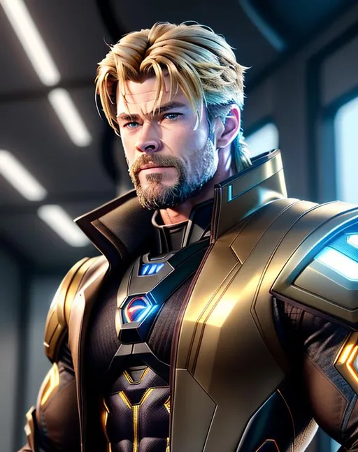 Prompt: perfect composition, ultra realistic, bearded goatee {45 year old}, lean and muscular {Chris Hemsworth}, {wearing futuristic long brown coat with smooth cybernetic attachments}, extra masculine, peak fitness, amused expression, {golden blonde hair}, 8k eyes, detailed face, wlop, stanley artgerm lau, artstation, hd, octane render, hyperrealism intricate details, 8k, cinematic volumetric light, proportional, art trending on artstation, sharp focus, studio photo, intricate details, highly detailed, intricate artwork masterpiece, ominous, intricate, epic, trending on artstation, highly detailed, vibrant, production cinematic character render, ultra high quality model, 