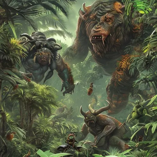 Prompt: dense jungle, rancor, horns, bees, claws, spider eyes