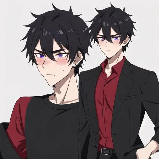 Prompt: Male young adult, 19, (Short black messy hair falling between the eyes, sharp and tired purple eyes, and a feminine body), red shirt untucked, black pants, sloppily dressed,  Black piercings, highly detailed face, 8K, Insane detail, best quality, UHD, highschooler, handsome, flirty, blushing, shy, unkempt apperance