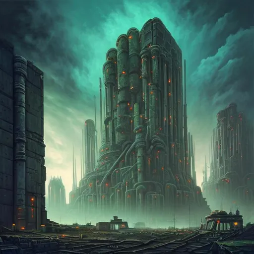 Prompt:  fantasy art style, painting, brutalist architecture, brutalism, brutalist, pipes, monument, cube, power plants, nuclear fusion, nuclear power, nuclear waste, bombs, torpedoes, misiles, concrete, neon lights, green neon lights, pollution, smog, fog