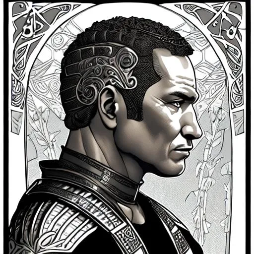 Prompt: temuera morrison wearing knights armour  |  art nouveau portrait | Side Profile | black and white illustration | sepia