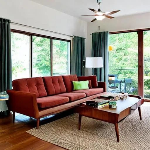 Prompt: mid-century modern living room with a lot of natural sunlight, green curtains, walnut wood, gray sectional sofa, cozy and warm, vintage decor, colorful decor, artwork on the walls