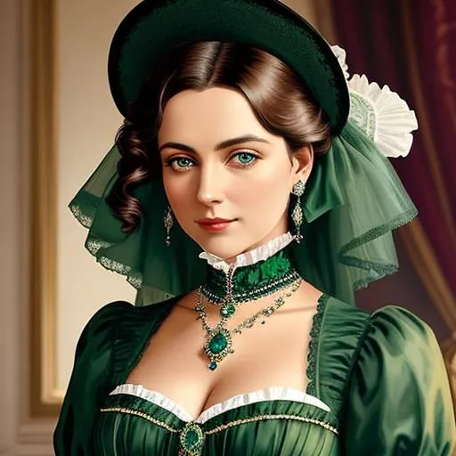 Prompt: Wealthy, stylish lady of the Victorian era, wearing sapphire jewelry, wearing green, facial closeup