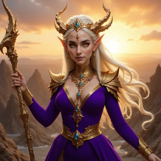 Prompt:  @VITLFRBSebJkkO8huw5E purple clothes, large crown, lots of jewelry, sunset, staff, magic swirling