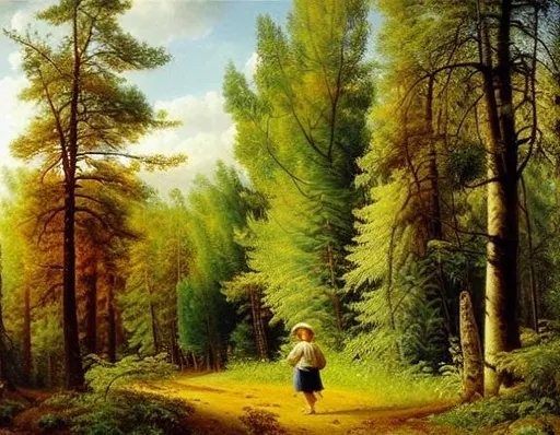 Prompt: Painted landscape of deep forest. Oil painting. High quality and value. Ivan shishkin. Many different plants and trees. Some small mushrooms. One ginger dog is walking. Natural light. bright colours. 