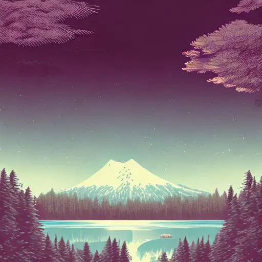 Prompt: vaporwave, aesthetic, lake, pine trees, chibi, cool, scan lines, retro, japan, tokyo, digital art