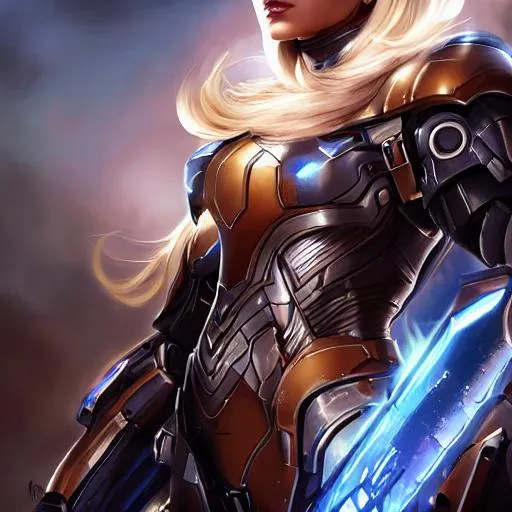 Prompt: Cute girl, 16 years old, sleeveless, blonde hair, tan body, battlefield, ethereal, dark blue mech suit, stunning, royal vibe, highly detailed, digital painting, HD quality, tan skin,artgerm