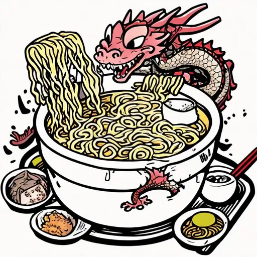 Prompt: Cartoon dragon eating ramen
