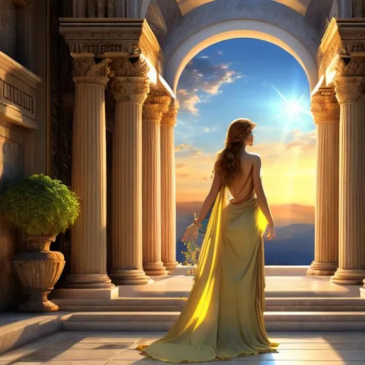 Prompt: HD 4k 3D 8k professional modeling photo hyper realistic beautiful  woman ethereal greek goddess of caution
red hair hazel eyes gorgeous face olive skin beautiful grecian robes jewelry full body surrounded by magical glowing light hd landscape background in palace looking out window 