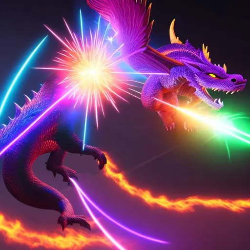 Prompt: purple flame god dragon shooting a blue laser beam from its mouth creating a crack in reality in a realistic style