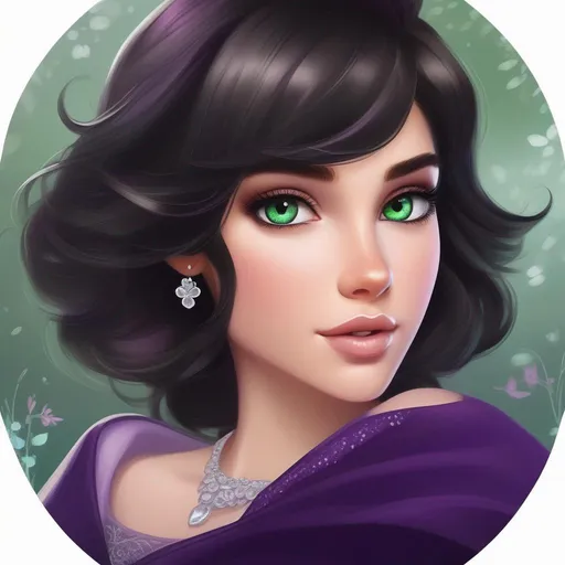 Prompt: elsa's short brunette haired roundish faced green hazel eyed cousin with a purple black grey white color scheme