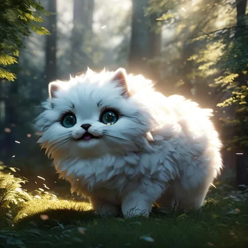 Prompt:  realistic fluffy very cute and eyes calm lighting, highly detailed, fluffy, adorable, beautiful, soft dramatic lighting, light shafts, radiant, ultra high quality octane render, daytime forest background, full body 