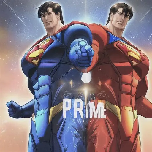 Prompt: Prime-Man is a powerful and noble character that combines the iconic traits of Superman and Optimus Prime. Their design reflects their role as a beacon of hope and a formidable defender of justice.

Prime-Man stands tall and muscular, embodying the strength and power of Superman. They have a regal presence, with a blue and red suit that bears resemblance to Superman's iconic costume. The suit is adorned with silver accents and a stylized "P" emblem, representing the merging of the two characters.

Prime-Man's face displays a strong jawline and piercing blue eyes that radiate warmth and determination. Their hair, jet black with silver streaks, symbolizes their wisdom and leadership.

Their armor is inspired by Optimus Prime, featuring a combination of blue and red plating with silver highlights. It is sleek and streamlined, providing both protection and mobility. Prime-Man wields a powerful energy sword that can emit a blue, radiant energy