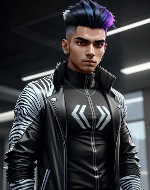 Prompt: perfect composition, {19 year old}, lean {indian man} gangster, wearing futuristic {tech shirt and future tech coat}, {short spiked dyed zebra hair}, peak fitness, determined expression, looking at viewer, 8k eyes, detailed face, wlop, stanley artgerm lau, artstation, hd, octane render, hyperrealism intricate details, 8k, cinematic volumetric light, proportional, art trending on artstation, sharp focus, studio photo, intricate details, highly detailed, intricate artwork masterpiece, ominous, intricate, epic, trending on artstation, highly detailed, vibrant, production cinematic character render, ultra high quality model, 