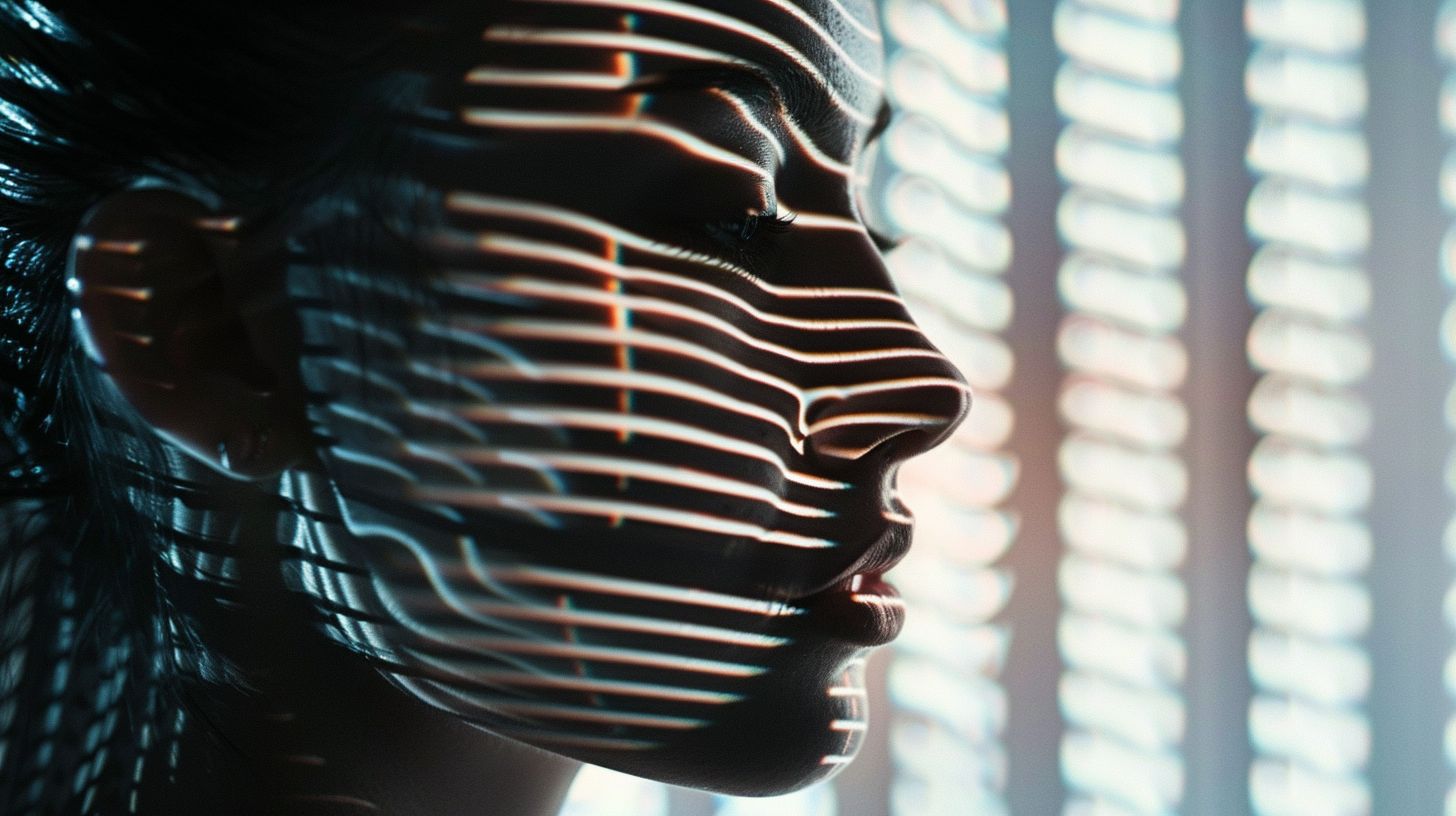 Prompt: person, face with lines, hologram, unsplash, abstract, light through blinds, profile image, the ghosts in the machine, three-dimensional, op, brain, high resolution, shadowed, light silver and dark navy, mind-bending patterns, futuristic robots