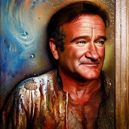 Prompt:  what dreams may come, older robin williams, trompe l'oeil, wet oil paint, textured, dripping, detailed ,  volumentric lighting, soft colors, realistic colors, hyper realistic, after hours, 