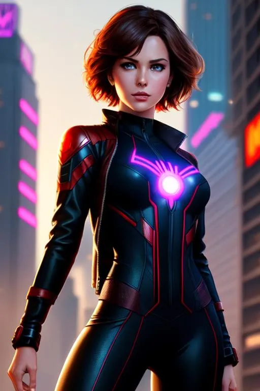 Prompt: May Day Parker form Marvel Comics, standing on a roof, short Brown hair, wearing spider-girl suit, side lighting, cyberpunk lighting, neon, cleavage visible, symmetrical face, freckles, cyberpunk jacket 