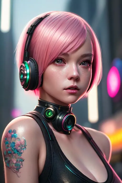 Prompt: ((best quality)), ((masterpiece)), ((realistic)), (detailed) illustration photographic  cute cyberpunk girl with pink hair bob cut , headset, in hollywood,hd octane render, high resolution scan, masterpiece, hyperrealism, delicate detailed complex, highly detailed, intricate detailed, volumetric lighting, light reflection, highly detailed concept art, trending on artstation, vivid colors, melancholic, foggy background, loneliness, depressing, hopelessness, suffering
(high angle shot:1. 3)
(((close up face shoot))), dim lights, 8k uhd, realistic, Nikon z9, raytracing, focus face, (sharpness:2. 0)