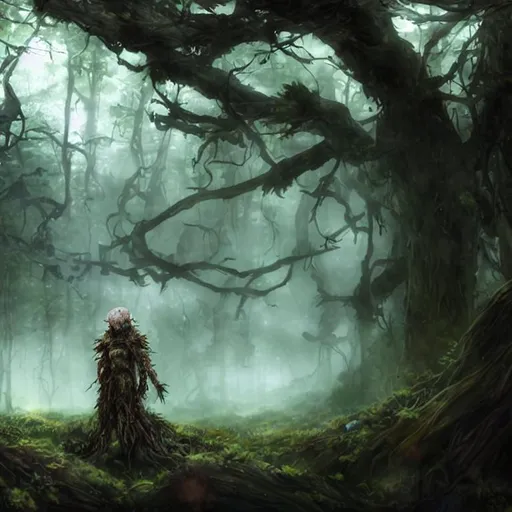 Prompt: spore druid, digitigrade, stentry, armor, knight, forest elemental, wooden, rotting, decay, heavily forested, mushroom, fungi, overgrown trees, fungus, moss, sleeping, dead, beautiful lighting, beautiful landscape beautifully designed character, award winning collaborative painting by geg ruthowski, alphonse murac, craig mullins, ruan jia, wlop, yoji shinkawa, collaborative artwork, exquisitely high quality and detailed, overwhelmingly favorited by critics, game wallpaper