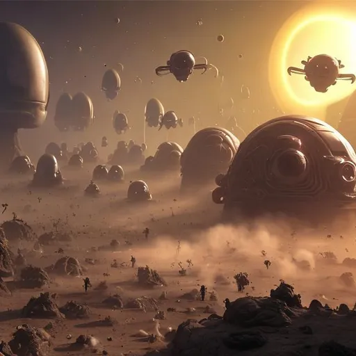 Prompt: thousands of small alien craft invasion of the planet by fighting, chasing, and destroying other cyborgs, running away, scrambling, dark, lots of dust and smoke, lasers 