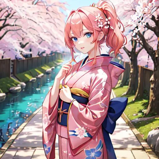 Prompt: Japan as a female human, 8k, UHD,  highly detailed, pink hair, blue eyes, wearing a kimono, under the cherry blossom trees, 