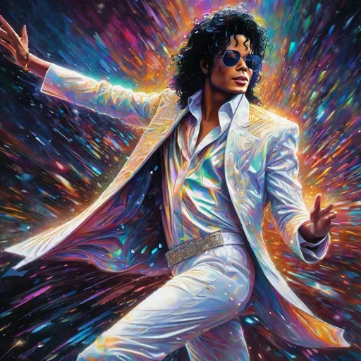 Prompt:  close up,  Michael Jackson  , white suite   , Datamoshing , Vaporware, Particle spectra hologlitch,, by Dan Mumford and Callie Fink,  liquid ink, dynamic pose, centered, 16k resolution , HQ , hyper detailed, intricate artwork, insanely detailed and intricate, hyper realistic, trending on cgsociet