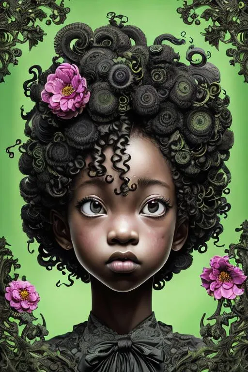 Prompt: Artwork by Daisuke Hagiwara of a black girl, curly hair, flowers in hair, green and black dress with ruffle and bow details, light black eyes, upturned mouth, hyper detailed and intricate, ornate, (sharp focus:1.2),smooth facial, eyes, nose, hand features, vivid, vibrant, 8K 3D, (UHD:1.2), 8k resolution, character design, CloverWorks, (rendered by real engine 5)