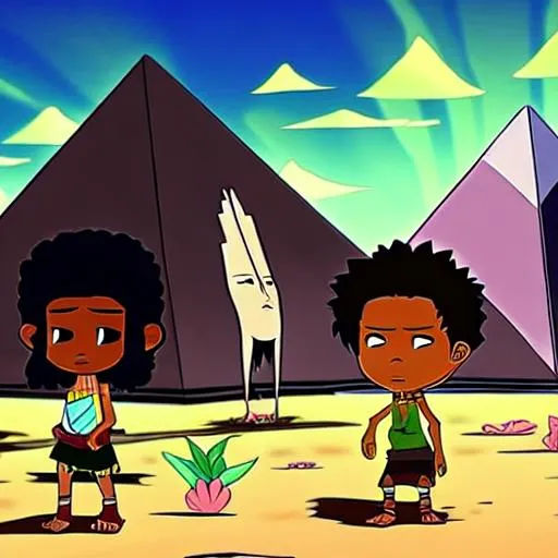 Prompt: black tribe people living in a tropical land with pyramids crystal, cartoon, craig of the creek, Yoh Yoshinari art style  