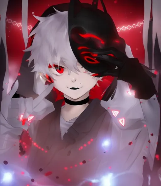 Prompt: A boy with white hair with red eyes takes off his mask, red-black with