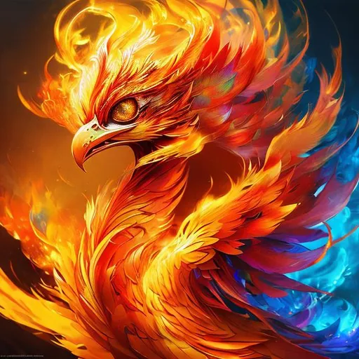 Prompt: cute flaming phoenix bird, rainbow colours, sparkling eyes, embers in her eyes, shining eyes, sharp features, big flowing fiery feathers, highly detailed, digital painting, artstation, concept art, smooth, sharp focus, beautiful feathers, expressive eyes, illustration, art by Artgerm and greg rutkowski and alphonse mucha