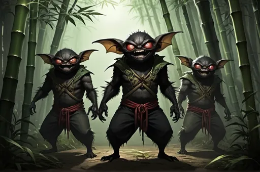 Prompt: Full body, three male spidergremlins malicious eyes and grin, dark, skin, mystical atmosphere, RPG-fantasy, intense, detailed, game-rpg style, dim lighting, fantasy, otherwordly ambiance, bamboo forest