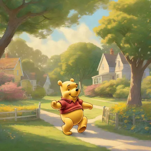 Prompt: A delightful digital painting of Winnie-the-Pooh, walking under the trees, surrounded by a peaceful suburban backdrop with green lawns, and cozy family homes. The artwork captures the cheerful essence of suburban life and Winnie-the-Poohs lighthearted character. The lighting features the warm, golden glow of a summer day or the soft, pastel shades of a spring afternoon, while the color palette combines Winnie-the-Pooh classic reds and yellow with the lush greens and earthy tones of the suburban environment. The composition presents the scene through a medium shot, emphasizing Winnie-the-Pooh playful nature and the welcoming charm of the neighborhood. --v 5