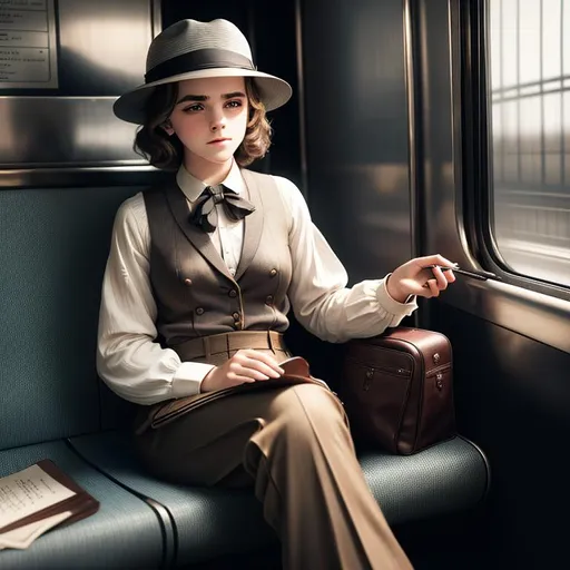 Prompt: old time photo of young emma Watson, dressed with 1920s hair, mens pants, wearing a fedora, sitting on train, raw photo, photorealistic, High Detail, dramatic, UHD, HDR raw photo, realistic, sharp focus, 8K high definition, insanely detailed, intricate, high quality, 