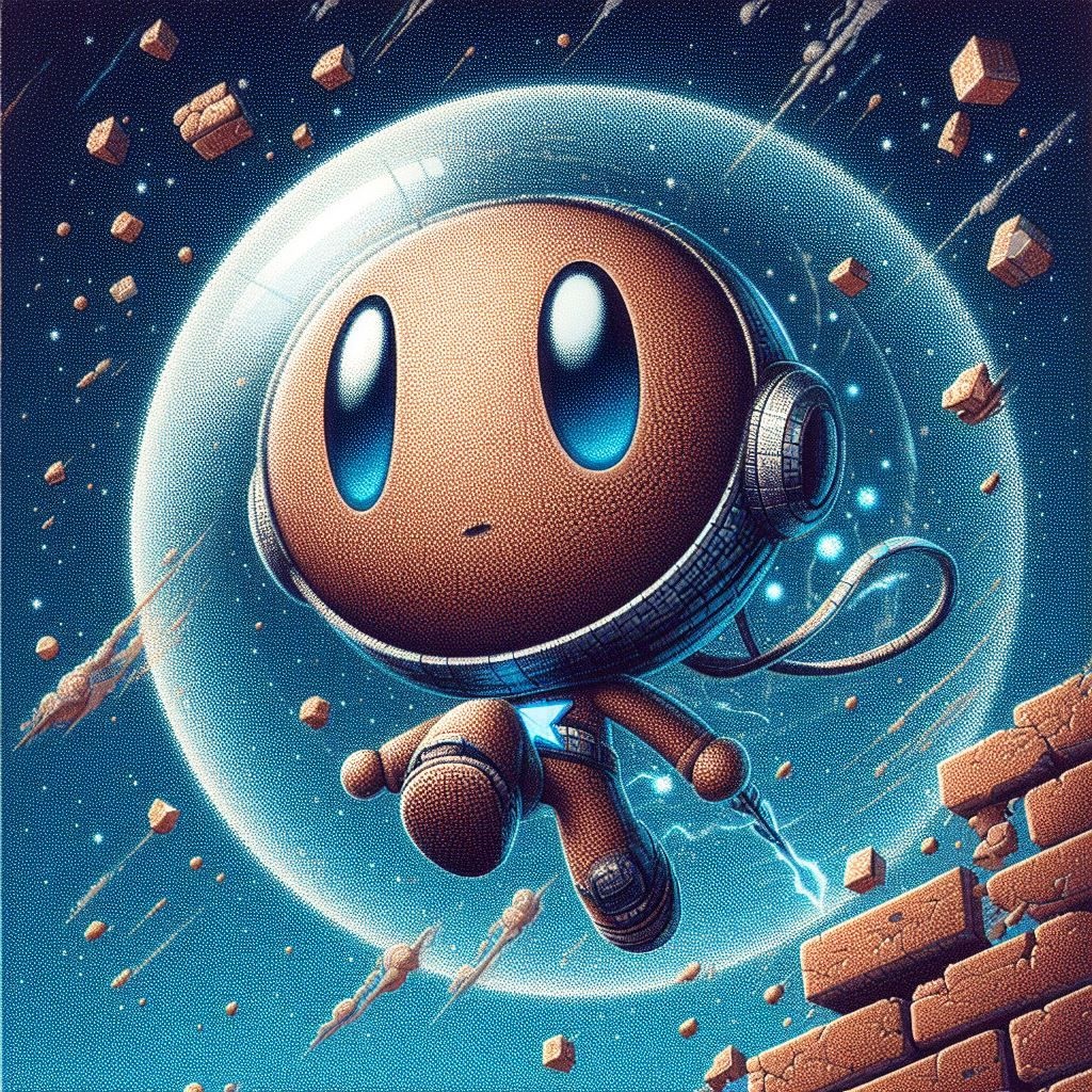 Prompt: a small cartoon character flying over the sky while moving around in a sphere of bricks, in the style of dan mumford, pointillist dotted textures, neo-geo, plush doll art, bronze and blue, emotionally-charged brushstrokes, close-up intensity