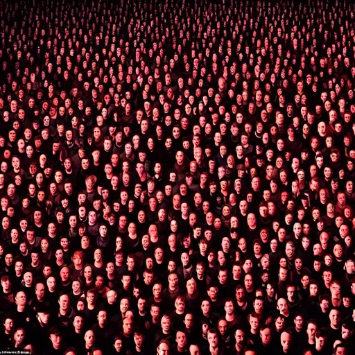 Prompt: An epic scene of darkness with many bodies, in dark red and black, with pale faces in terror