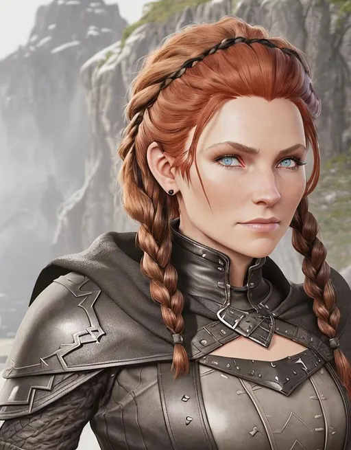 Prompt: Digital art, black rogue gear, black adventurer armor, Medium build, slightly broad-shouldered, (((DreamShaper Version 1))), Berk of How to Train Your Dragon, viking woman, small smile, red hair, cornrow braids, blue eyes, ((black gear, black armor,)) unreal engine, 8k octane, 3d lighting, full body, full armor
