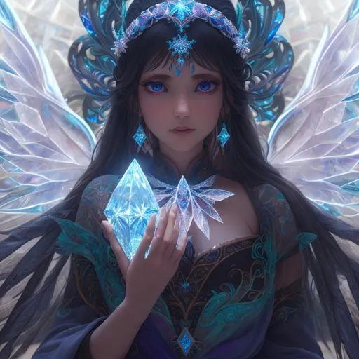 Prompt: frozen fractal deity, crystal wings, symmetrical, soft lighting, UHD, hd , 8k eyes, detailed face, big anime dreamy eyes, 8k eyes, intricate details, insanely detailed, masterpiece, cinematic lighting, 8k, complementary colors, octane render, volumetric lighting, unreal 5, artwork, colorful glamourous hyperdetailed background, ultra-fine details, hyper-focused, deep colors, dramatic lighting, ambient lighting god rays, by makoto shinkai, stanley artgerm lau, wlop, rossdraws, full body