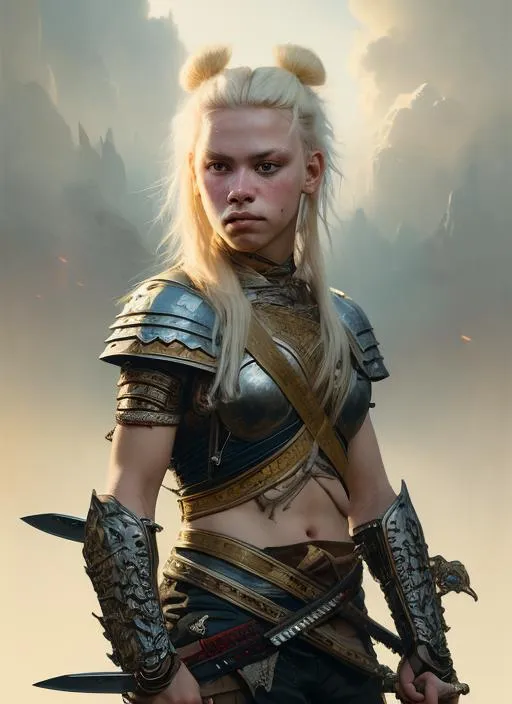 Prompt: Portrait of warrior woman with sword with blonde hair and with cute face, landscape, perfect composition, hyperrealistic, super detailed, 8k, high quality, trending art, trending on artstation, sharp focus, studio photo, intricate details, highly detailed, by greg Rutkowski