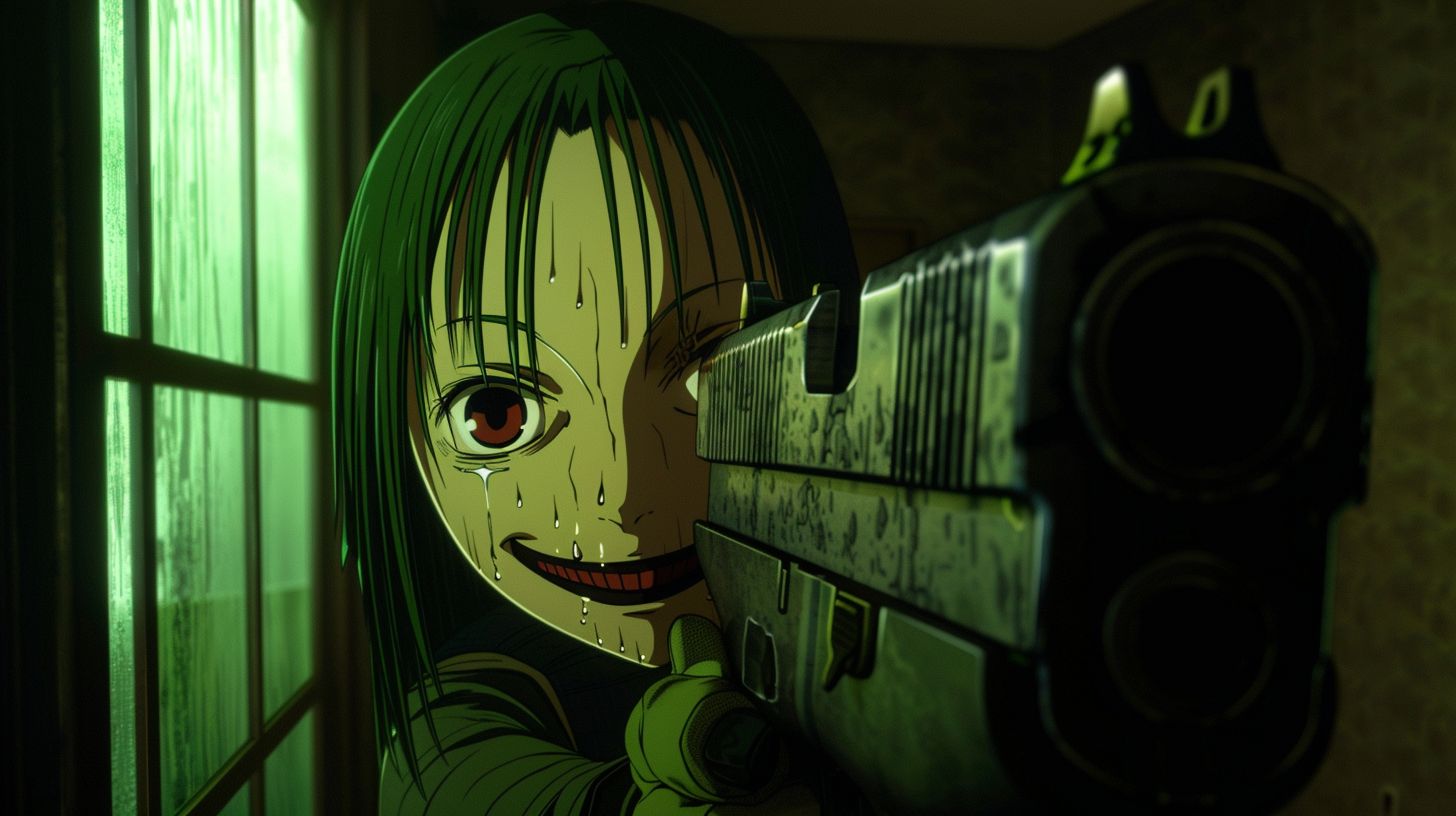 Prompt: anthropomorphic smiling bullet going through glass shot by an anime girl