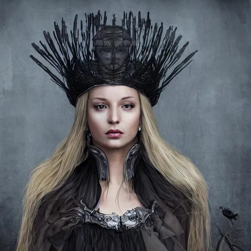 Prompt: Full body, 3D photorealistic, physical photo realism, blonde human queen of the crows 