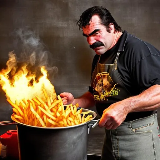 Prompt: Don frye deep frying french fries