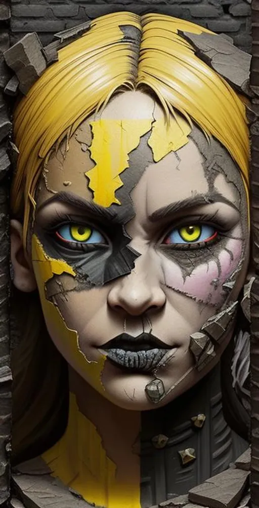 Prompt: runepunk with a painted face on an old wall, in the style of hyper-realistic sculptures, fragmented figures, distressed materials, black and yellow cracked, flickr, rococo-inspired art gotham 